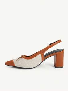 CUCCOO CHICEST Spring And Summer New Linen Leather Pointed Back Strap Sandals, Bow Beige Thick Heel Commuter Women's High Heels Fashion Dating Commuter Party - Beige - View 5