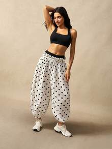 VARSIVA Pantalones de mujer con patrón de lunares, cintura con cordón y pierna entallada - Blanco y Negro - Ver 4