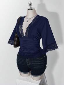 SHEIN ICON 女款大尺碼復古性感千禧風Y2K簡約休閒優雅通勤都市現代蕾絲P晚宴派對晚裝海軍藍夏季 - 藏蓝色 - 查看 4