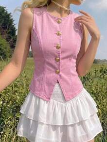 SHEIN MOD 女款夏季休閒日常通勤單排扣鈕扣修身牛仔上衣 - 粉色 - 查看 4