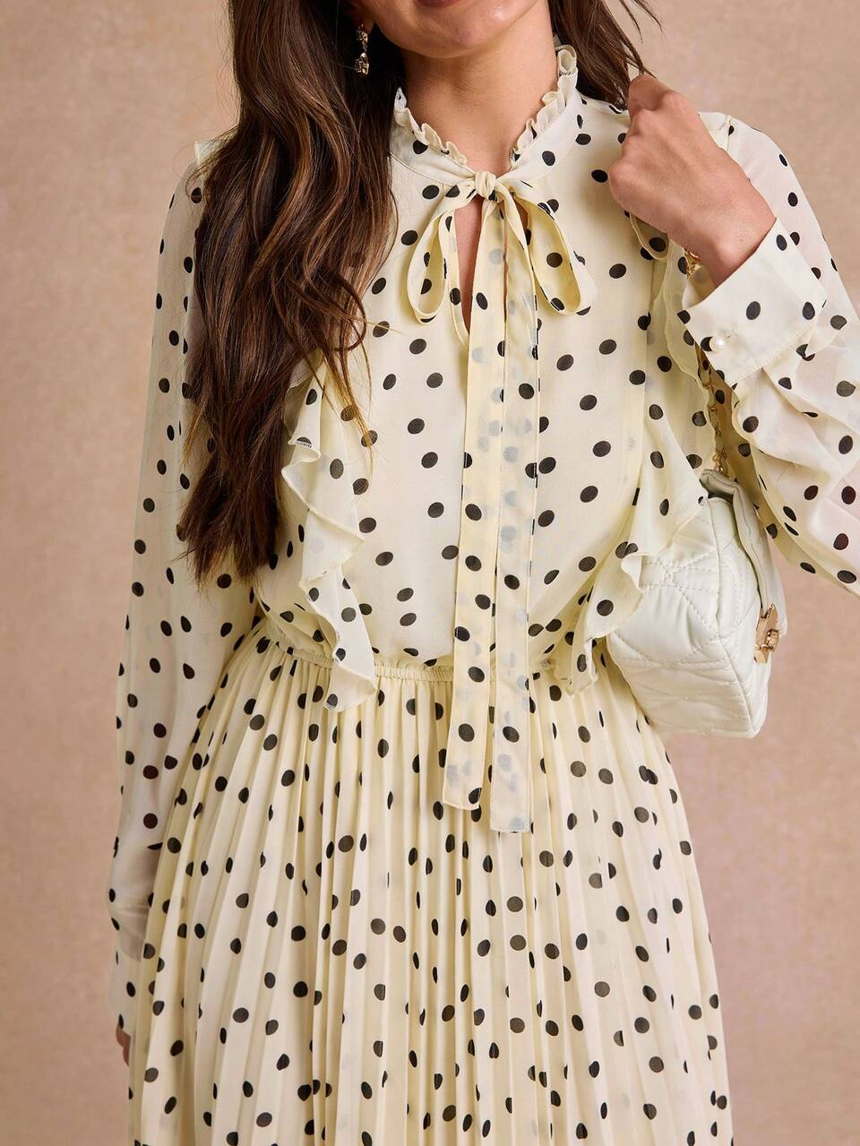 Enchnt Vestido elegante de manga larga con cuello de lazo y lunares para mujer