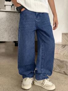 SHEIN Jeans de mezclilla con botones y bolsillos versátiles para niños y preadolescentes - Azul lavado oscuro - Ver 1