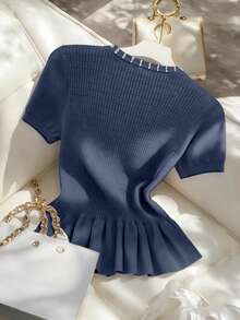 Franclia Women's Spring/Summer Casual Elegant Daily Versatile Solid Color Round Neck Regular Shoulder Slim Fit Short Sleeve Rhinestone & Pearl Button Decor Single-Breasted Ruffle Hem Regular Knit Cardigan - Blue - View 2