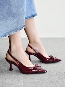 CUCCOO BIZCHIC Ladies Burgundy Patent Leather Back Empty High Heels, Pointed Bow Horn And Commuter Shoes - Burgundy - View 5