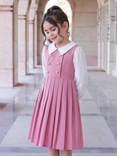 SHEIN Elladie kids Girls' Dusty Pink Small Lapel Double-Breasted Pleated Hem Long Sleeve 2 In 1 Dress, Suitable For Daily Casual, Elegant, Cute, Commuting And School Style