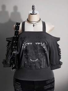 SHEIN ICON 大尺碼女款字母骷髏印花休閒百搭日常穿搭T恤 - 深灰色 - 查看 1
