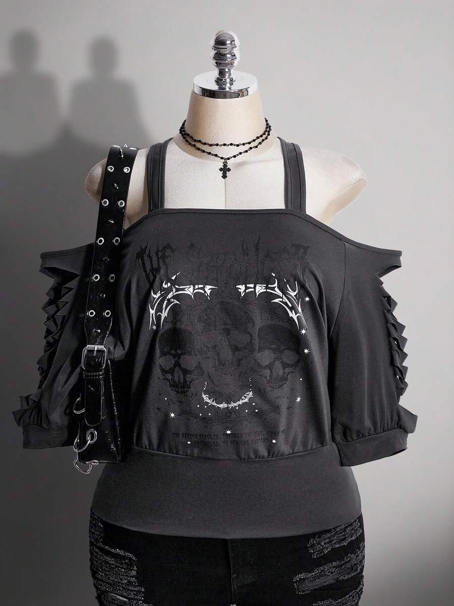 SHEIN ICON 大尺碼女款字母骷髏印花休閒百搭日常穿搭T恤 - 深灰色 - 查看 1