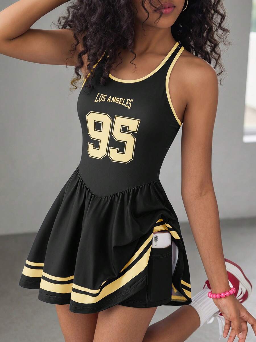 SHEIN Tween女孩休閒運動字母黑白對比色交叉背心式運動洋裝 - 黑色 - 查看 1