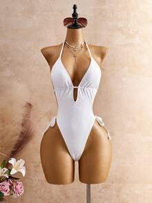 Bellisia Women's Solid Color Deep V Sexy Halter One-Piece Swimsuit With Cover-Up Skirt - White - View 4