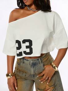 ROMWE Camiseta Oversized Casual Streetwear Estilo Callejero para Mujer con Gráfico del Número 23 Vuelta al Cole Uso Diario Estudiante Blanco y Negro Verano Escuela - Blanco - Ver 7