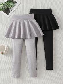 2pcs Girls Fashion Casual Milk Silk Fabric Skirt Hem Leggings - Multicolor - View 2