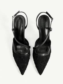 CUCCOO CHICEST Premium Black Lace Pointed Women's Thin Heel Hollow Design Rear Hollow High Heel Shoes - Black - View 2