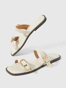 Sleekvia Sepatu Wanita Musim Semi dan Musim Panas Baru Aprikot Ujung Persegi Sandal Datar Nyaman Serbaguna Sandal Luar Ruangan Logam - Aprikot - View 8