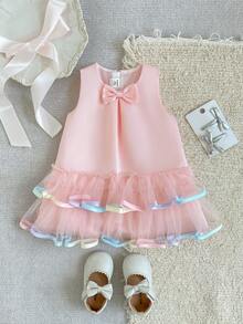 SHEIN Glamorique Kids 女嬰無袖粉色緞面柔軟薄紗漸層緞帶波浪裙襬洋裝，適合嬰兒生日派對、週歲宴會、家庭聚會、婚禮、日常出遊、拍照、夏季洋裝、畢業舞會洋裝 - 粉色 - 查看 1