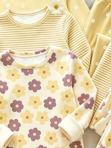 Random 3 Sets Send 2 Sets Cute Sweet Cartoon Floral Print, Mori Style, Baby Girl Casual Minimalist Slim Fit Round Neck Long Sleeve Long Pants Home Wear Set 4pcs, Suitable For Autumn/Winter, Tight Fit - Multicolor - View 5