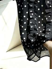 SHEIN Franclia 女款波點荷葉邊休閒百搭日常外出襯衫 - 黑色 - 查看 3