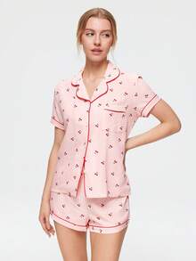 Bonmuse 3pcs Set Cherry Print Plaid Short Sleeve Shirt With Long & Shorts, Women Spring/Summer Pajamas & Loungewear Set, Suitable For Home Use - Pink - View 3
