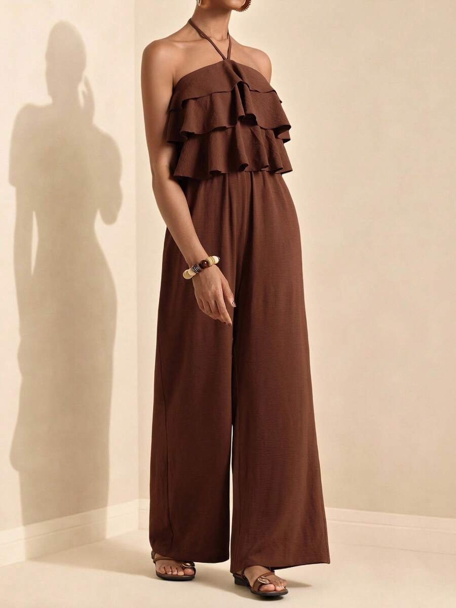 Elafinee Mono largo con cuello de halter y volantes multicapa en la cintura para mujer - Café integral - Ver 1