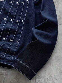 AXEPEAK Setelan Jaket Pria Lengan Panjang Berlipit dengan Kancing Depan dan Celana Jeans Longgar Berbahan Denim dengan Kancing Depan - Biru - View 10