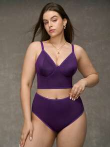 SHEIN Plus Size Minimalist Padded Sexy Lingerie Set, Lift - Purple - View 8