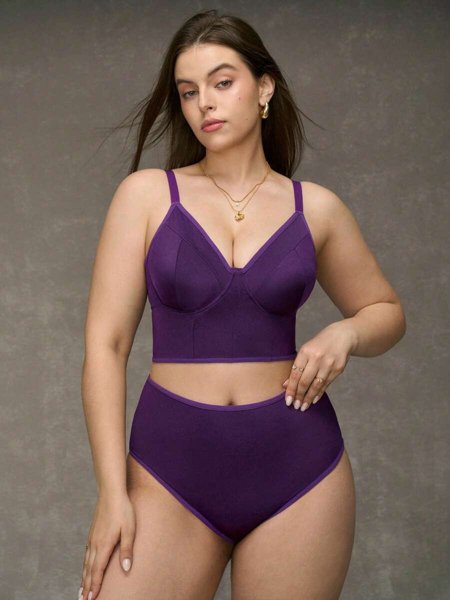 SHEIN 加大码极简主义加厚性感内衣套装,提拉 - 紫色 - 查看 1