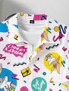 LOONEY TUNES X SHEIN Manfinity Joysei 男士字母卡通圖案短袖單排扣襯衫 - 粉色 - 查看 3