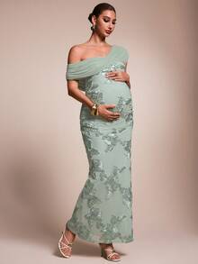 MaterniChic Elegant Maternity Party Dress With 3D Floral Asymmetric Neckline  Elegant Dresses For Party Wedding Guest Luxury Evening Sequin - Green - View 3
