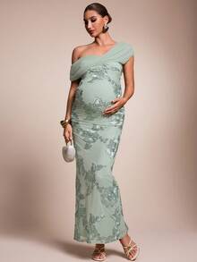 MaterniChic Elegant Maternity Party Dress With 3D Floral Asymmetric Neckline  Elegant Dresses For Party Wedding Guest Luxury Evening Sequin - Green - View 8