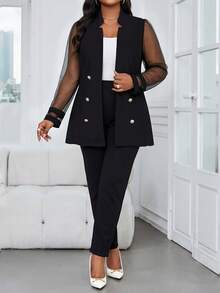 SHEIN Lady Plus Size Elegant Commuter Mesh Patchwork Jacket & Trousers Suit Set - Black - View 5