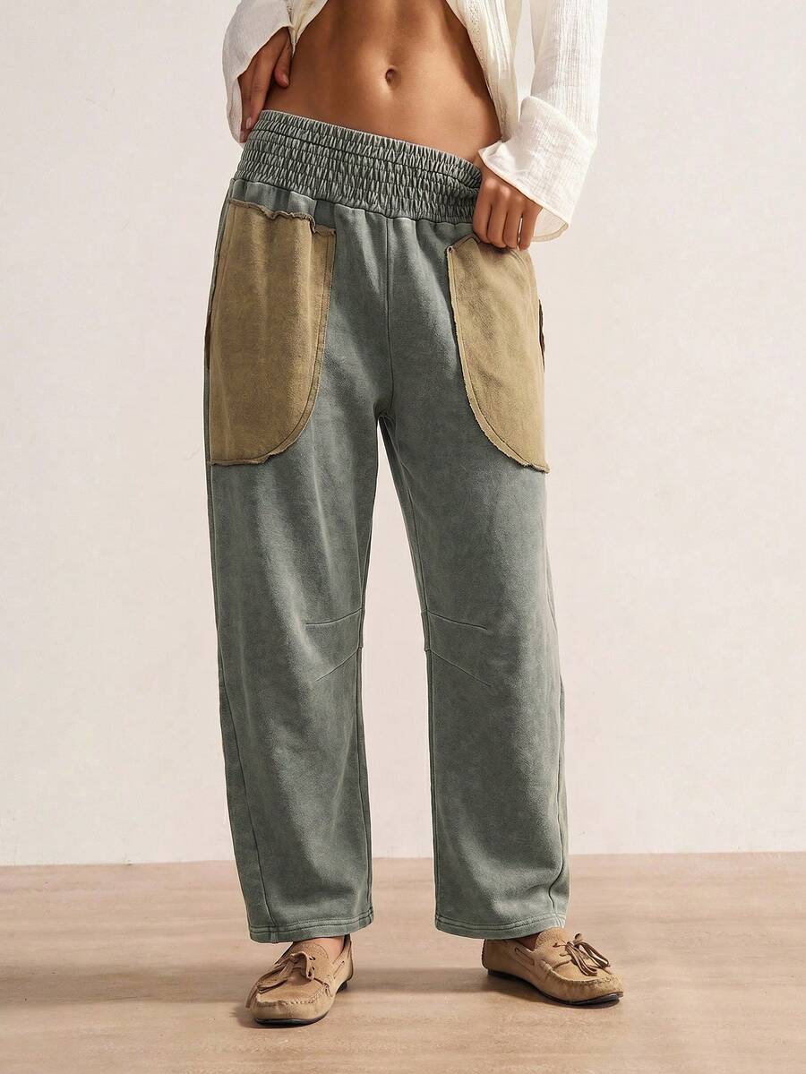 Bohemela Casual Knitted Patchwork Loose Washed Women's Long Pants - Green - View 1