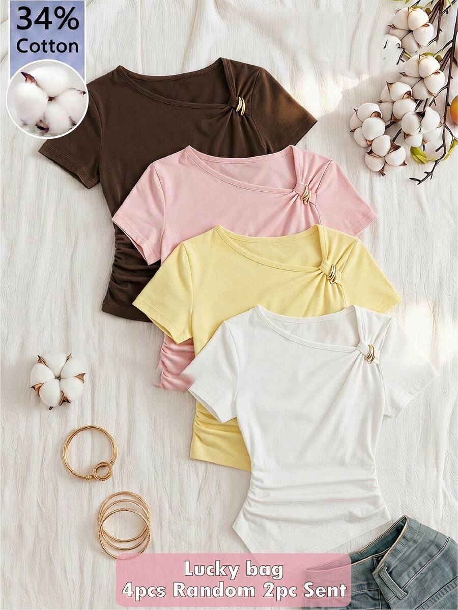 青少年女孩 2 件組不對稱下擺抓皺 T-shirt 時尚短袖上衣，飾有裝飾設計