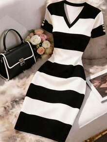 GlowEve New Women's Summer Elegant Colorblock Striped Slim Fit V-Neck Midi Dress - Black and White - View 1