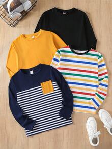 SHEIN 4件組兒童青少年男孩休閒學院風純色百搭拼接條紋圓領長袖T恤多件裝，舒適百搭，適合外出、校園，適用春夏秋冬 - 彩色 - 查看 1