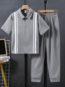 SHEIN 2件組兒童青少年男孩休閒寬鬆舒適百搭 Polo 領短袖 T 恤與長褲套裝，適合運動、學校、春/夏季、返校季 - 灰色 - 查看 5