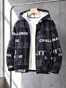 SHEIN 青少年女孩字母印花長袖拉鍊休閒連帽外套 - 黑與白 - 查看 1