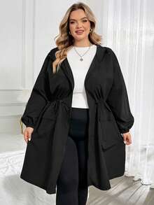 SHEIN CURVE+ جاكيت طويل أسود مقاس كبير، تصميم ضيق الخصر، خريف وشتاء، العودة إلى المدرسة، 2026 22W - الأسود - مشاهدة 8
