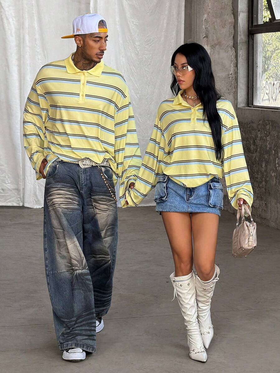 Coolane Women' Fall Vintage Streetwear Casual Preppy Homecoming Daily Wear Basic Butter Yellow Striped Lapel Oversized Long Sleeve Polo T-Shirt