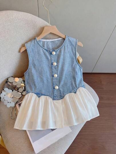 EMERY ROSE EMERY ROSE Women's Round Neck Button Placket Pleated Hem Denim Vest Top Going Out Tops