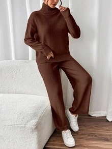 SHEIN Raffinéa 女款純色立領長袖上衣與長褲休閒日常針織兩件套 - 咖啡棕 - 查看 3