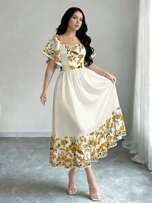 Modelyn 大地色系复古碎花图案加大码女装连衣裙，方领泡泡袖碎花迷你连衣裙，荷叶边下摆，浅蜜桃色优雅连衣裙，夏季度假风连衣裙 - 彩色 - 查看 3