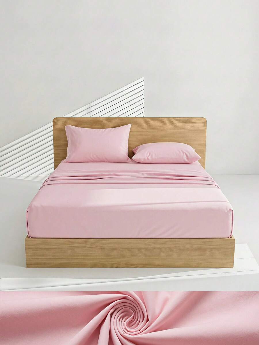 Veyra Day 4pcs/Set 100% Polyester Sheet Set Easy Care Bedding Set Fitted Sheet Set (1pc Flat Sheet+1pc Fitted Sheet+2pcs Pillowcases) Fitted Sheet Set King Queen Full TWIN SIZE Sheet Deep Pocket Up To 35cm , Breathable Better For Sleep - Baby Pink - View 1