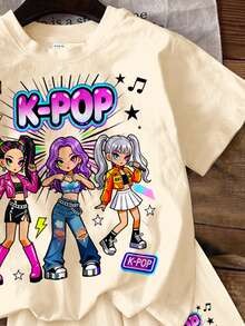 女童休閒 K-Pop Superstars 卡通女團印花奶油白短袖 T 恤與短褲兩件套，適合夏季 - 彩色 - 查看 6