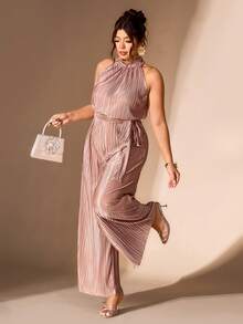 Cravure Plus Size Women Solid Color Ruched Halter Neck Casual Daily Wear Jumpsuit Fall - Khaki - View 3