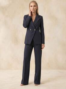 QUIZ Marineblau Nadelstreifen Plissee Weite Beinhose mit Knopfverschluss, maßgeschneiderte Anzughose, elegante Arbeitskleidung, formelles Event-Outfit, schicke Bürokleidung für Frauen - marineblau - Übersicht 3