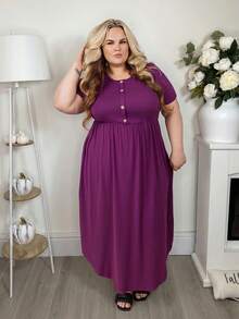 Hourglow Plus Size Basic Front Button Decor Round Neck Short Sleeve Comfy Dress, For Hourglass Body Shape Elegant - Red Violet - View 7