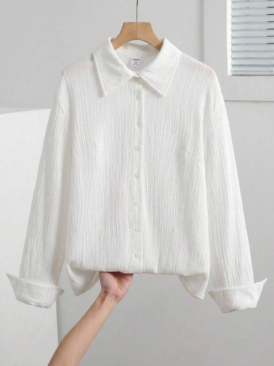 SHEIN Teen Girl Casual Daily Versatile Comfortable Loose Solid Color Collared White Shirt Fall/Winter - White - View 1