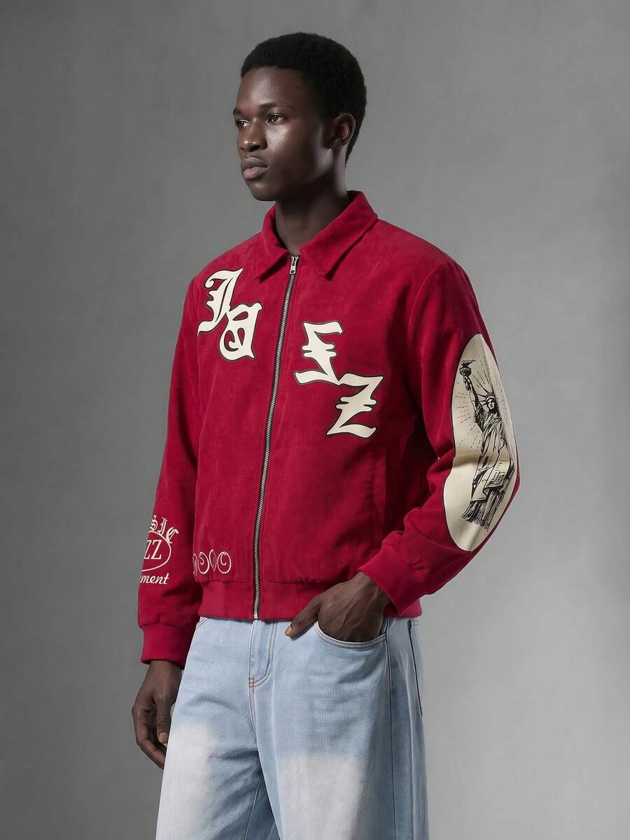Salvezio Manfinity Streetrush Herren Streetfashion rote Reißverschluss Langarm Jacke, Freiheitsstatue Musik Reißverschluss rote Y2K Jacke, Herbst Winter, Grunge - Rot - Übersicht 1