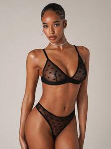 SHEIN BAE Valentine's Day Sexy Sheer Heart Jacquard Mesh Wireless 2Pcs Lingerie Set - Black - View 1