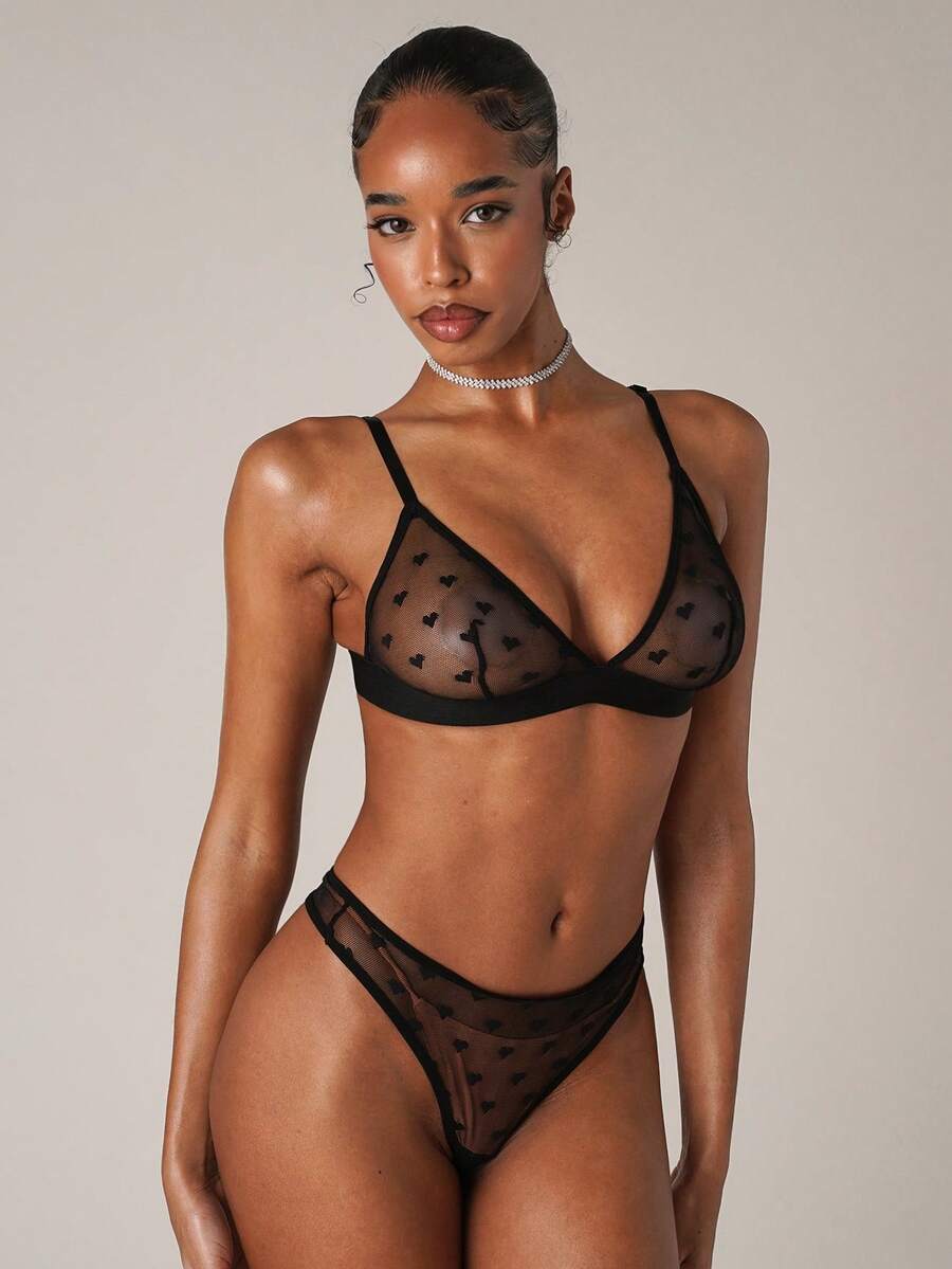 SHEIN BAE Valentine's Day Sexy Sheer Heart Jacquard Mesh Wireless 2Pcs Lingerie Set - Black - View 1