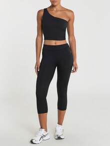 11SKNDS One Shoulder Asymmetric Crop Tank Top, Smooth Stretch Fabric, Pilates, Casual Everyday Wear And Spring Summer Activities With Sweat-Wicking, Breathable, Quick-Dry & Buttery-Soft, For Gym Workout Fitness Yoga Studio, Running, Training & Hy-Rox - Black - View 4